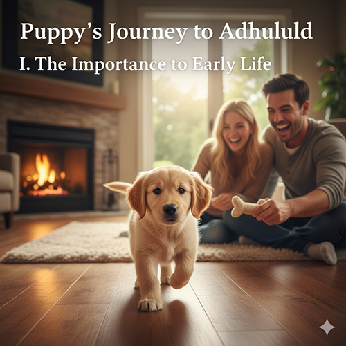 Chó con Golden Retriever chạy về phía chủ trong phòng khách ấm áp, thể hiện niềm vui và sự gắn bó đầu đời giữa người và thú cưng.