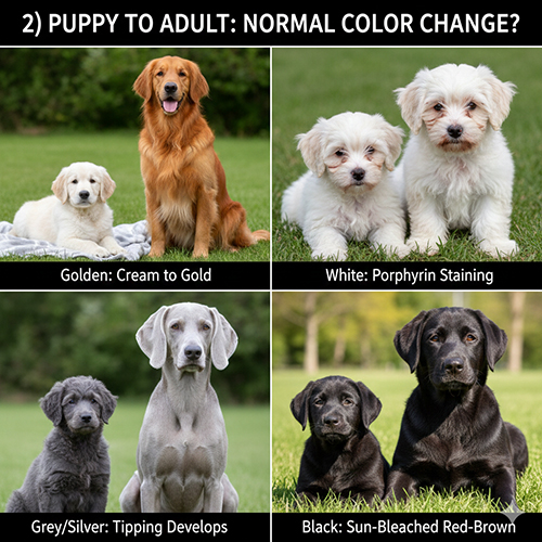 So sánh chó con và chó trưởng thành cho thấy thay đổi màu lông tự nhiên theo độ tuổi
