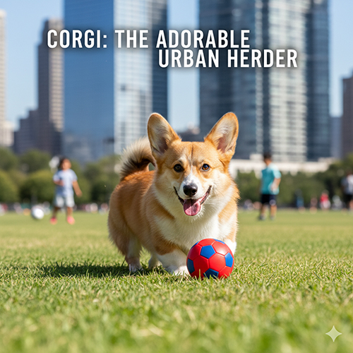 Chó Corgi Pembroke chơi bóng trong công viên thành phố, thân dài chân ngắn và biểu cảm vui vẻ đặc trưng