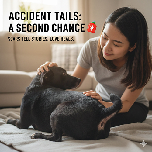 Chó cụt đuôi do tai nạn được chủ vuốt ve và chăm sóc