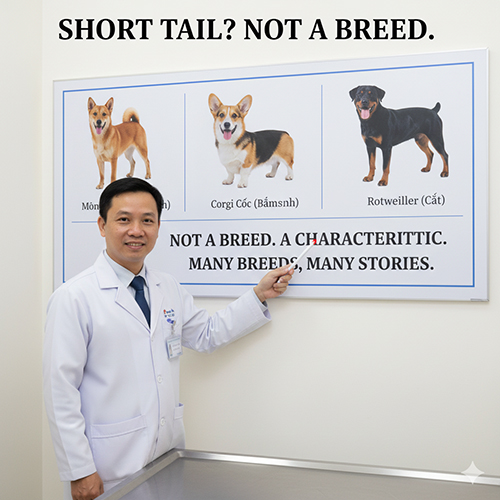 Bảng minh họa chó cụt đuôi nhiều giống, bác sĩ thú y giải thích đặc điểm đuôi cộc