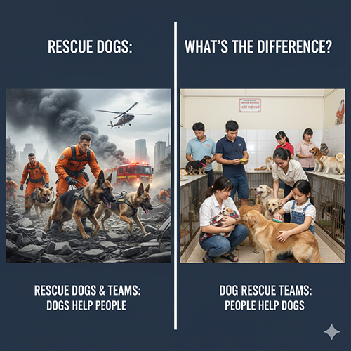 Ảnh minh họa sự khác nhau giữa “đội chó cứu hộ” và “đội cứu hộ chó”