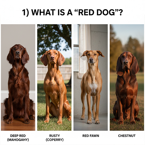 các sắc độ chó đỏ gồm đỏ thẫm đỏ gỉ red fawn và đỏ pha nâu minh họa trực quan