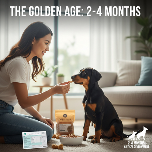 Cô gái cho chó Doberman 2–4 tháng tuổi ăn trong nhà, cạnh là bát hạt và giấy tờ tiêm