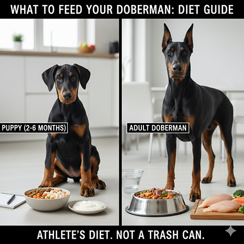 Doberman con và Doberman trưởng thành cạnh bát thức ăn, minh họa chế độ ăn theo từng giai đoạn cho Doberman