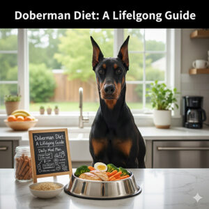 Chó Doberman ngồi trước bát thức ăn, minh họa thực đơn và khẩu phần theo từng giai đoạn tuổi
