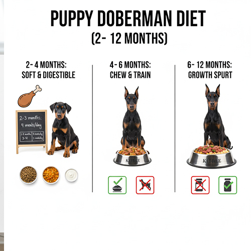 Sơ đồ chế độ ăn cho chó Doberman con từ 2 đến 12 tháng theo từng giai đoạn phát triển