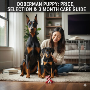 Chó Doberman con đứng cạnh Doberman trưởng thành và cô gái đang chăm bé trong nhà