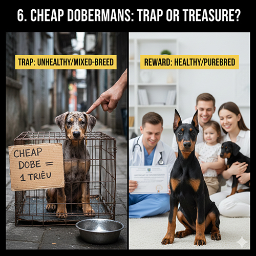 Ảnh so sánh Doberman giá rẻ rủi ro trong lồng và Doberman thuần chủng khỏe mạnh trong gia đình