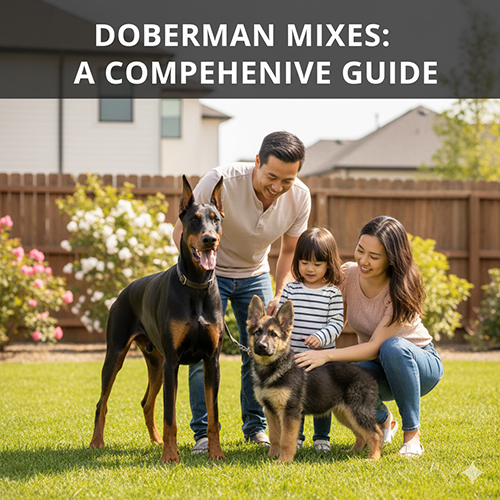 Gia đình đang chơi với chó Doberman lai và chó con trong sân vườn – minh họa cho các kiểu Doberman lai phổ biến, ưu nhược điểm và cách chọn phù hợp.