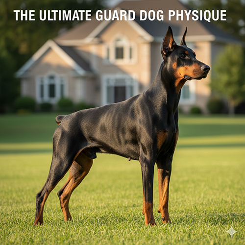 Chó Doberman đứng nghiêng trên nền cỏ với thân hình gọn chắc và cơ bắp rõ nét