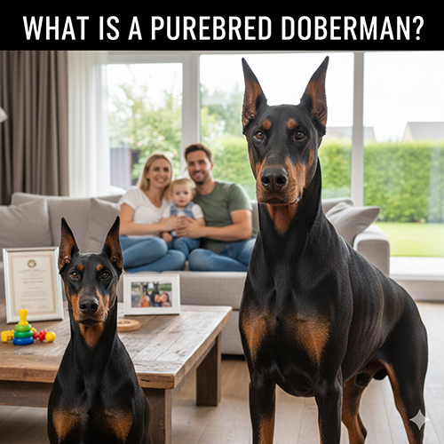 Hai chó Doberman thuần chủng đứng trong phòng khách với gia đình phía sau, minh họa khái niệm Doberman thuần chủng