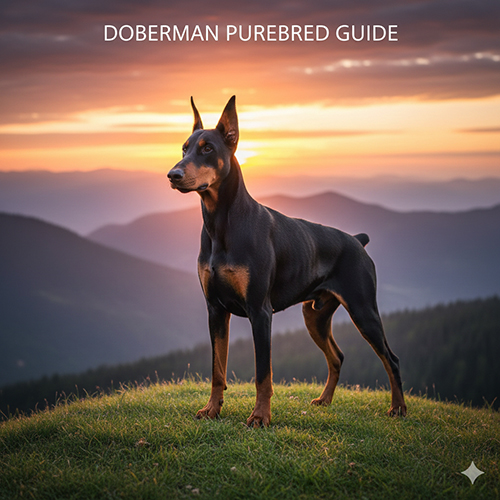 Chó Doberman thuần chủng đứng trên đồi lúc hoàng hôn trong bài hướng dẫn chọn Doberman thuần chủng