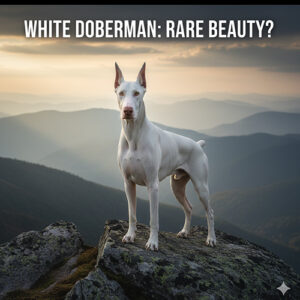 Chó Doberman trắng đứng trên núi, ngoại hình lạ mắt, màu lông trắng hiếm gặp