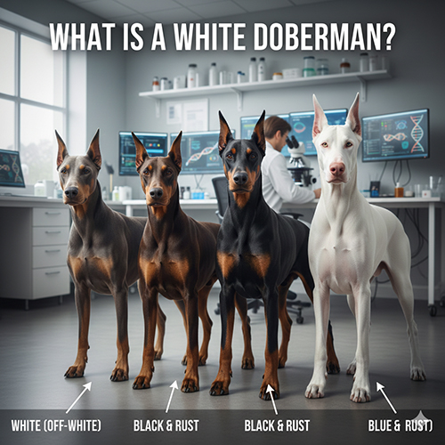 Chó Doberman trắng đứng cạnh các màu Doberman tiêu chuẩn như đen nâu, xanh xám và fawn trong phòng thí nghiệm