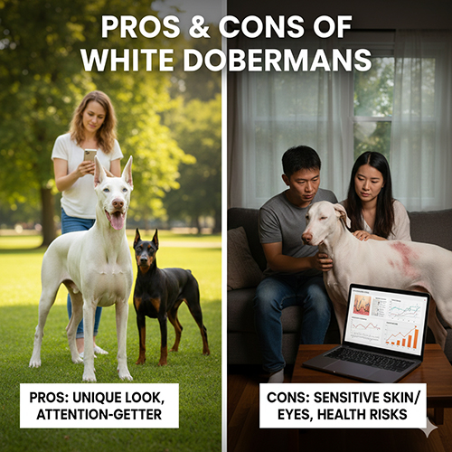 Chó Doberman trắng với ưu điểm ngoại hình nổi bật và nhược điểm về sức khỏe da mắt khi nuôi lâu dài