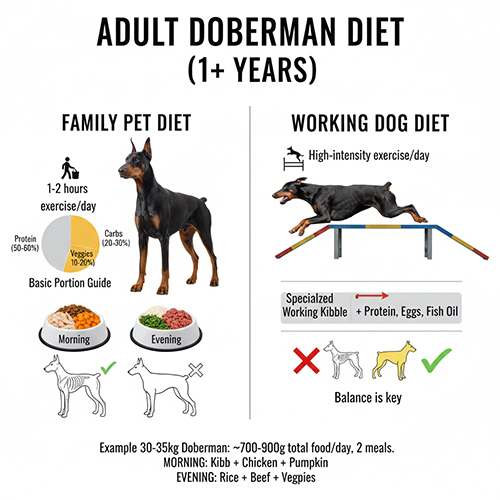 Sơ đồ khẩu phần cho chó Doberman trưởng thành trên 1 năm theo mức vận động và lối sống