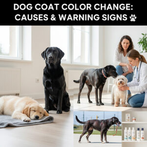 Bác sĩ thú y kiểm tra chó; minh họa chó đổi màu lông và dấu hiệu cần cảnh giác