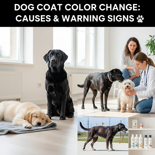 Bác sĩ thú y kiểm tra chó; minh họa chó đổi màu lông và dấu hiệu cần cảnh giác