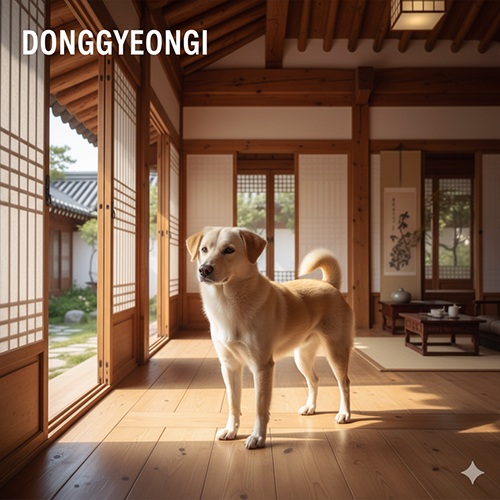 Chó Donggyeongi Hàn Quốc đứng trong ngôi nhà truyền thống Hanok, nổi bật với chiếc đuôi ngắn đặc trưng của giống chó quý hiếm Gyeongju