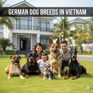 Các giống chó Đức nổi tiếng tại Việt Nam – gia đình vui vẻ chụp ảnh cùng chó Becgie, Rottweiler, Doberman và Schnauzer trước biệt thự.