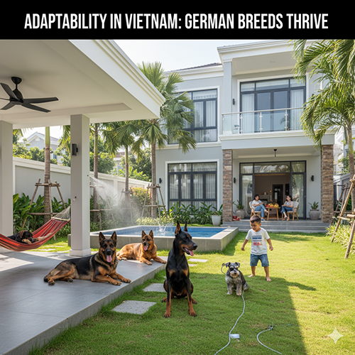 Các giống chó Đức như Becgie, Rottweiler, Doberman và Schnauzer vui chơi trong sân vườn biệt thự cùng trẻ nhỏ và gia đình Việt.