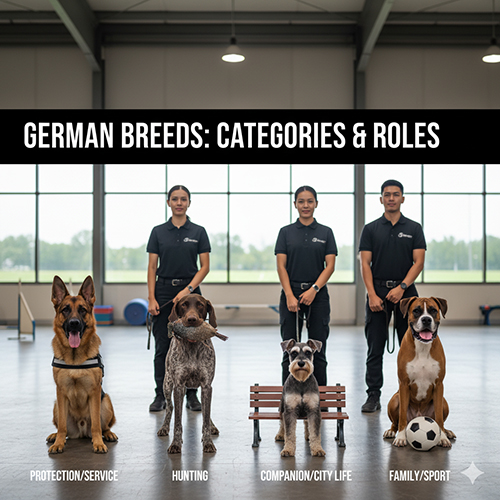 Huấn luyện viên giới thiệu các nhóm chó Đức theo vai trò: Becgie bảo vệ, German Pointer săn bắn, Schnauzer sống đô thị và Boxer chơi thể thao.