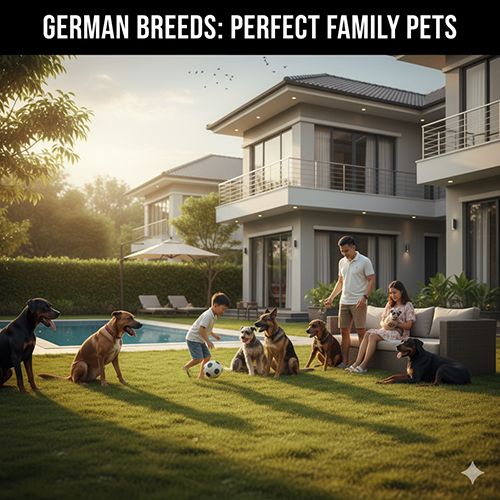 Gia đình Việt chơi đùa cùng các giống chó Đức như Becgie, Rottweiler, Boxer và Schnauzer trong sân vườn biệt thự buổi chiều.