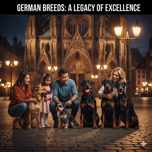 Các gia đình cùng năm giống chó Đức nổi tiếng như Becgie, Rottweiler, Doberman, Boxer và Schnauzer chụp ảnh trước nhà thờ cổ kính vào buổi tối.