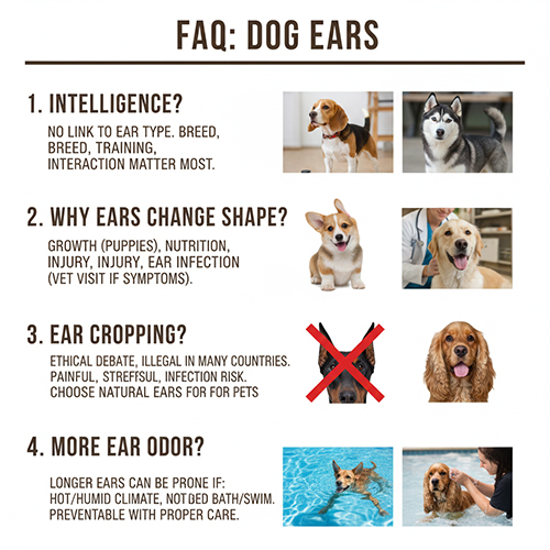 Hình ảnh minh họa các câu hỏi thường gặp về tai chó: trí thông minh, thay đổi hình dạng tai, dựng tai và mùi tai