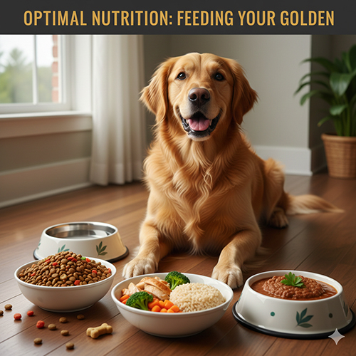 Chó Golden bên cạnh các bát thức ăn gồm hạt, cơm thịt rau và pate – minh họa dinh dưỡng cho Golden