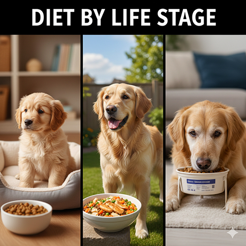 Ba hình minh họa chó Golden Retriever ở các giai đoạn: chó con ăn hạt mềm, chó trưởng thành ăn đồ tươi và chó lớn tuổi ăn thức ăn senior