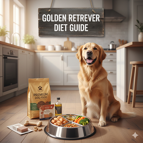 Chó Golden Retriever ngồi trong bếp bên cạnh tô thức ăn gồm hạt, thịt và rau — minh họa hướng dẫn “Chó Golden ăn gì?”