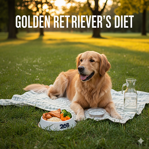 Chó Golden đang nằm trên bãi cỏ bên cạnh tô thức ăn và bình nước, minh hoạ chế độ dinh dưỡng cho Golden Retriever