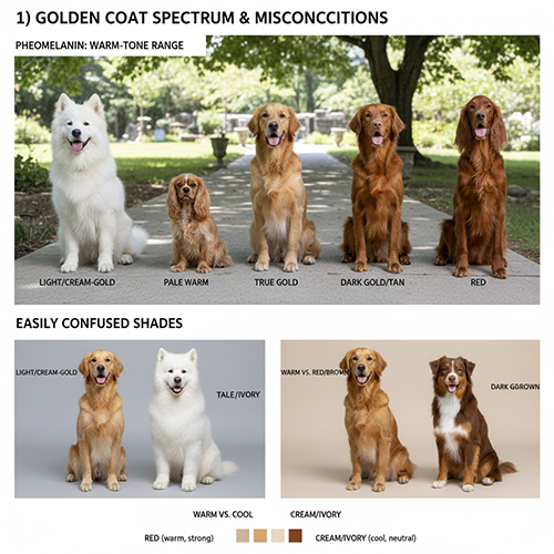 Bản đồ sắc độ lông chó Golden trong dải pheomelanin: vàng kem, vàng nhạt, vàng chuẩn, vàng nâu và đỏ