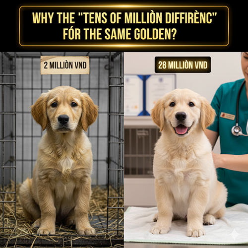 So sánh hai chú chó Golden Retriever con, một bé giá 2 triệu VND trong lồng sắt cũ và một bé giá 28 triệu VND trong phòng khám thú y sạch sẽ, minh họa sự chênh lệch giá lớn dù cùng là Golden.