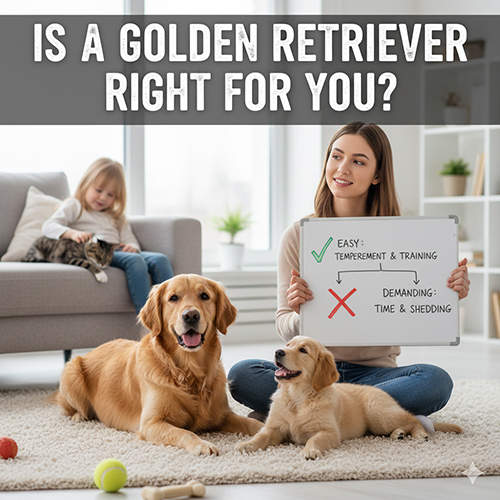Hình minh họa chó Golden Retriever trưởng thành và chó con trong phòng khách, kèm bảng giải thích ưu – nhược khi nuôi Golden