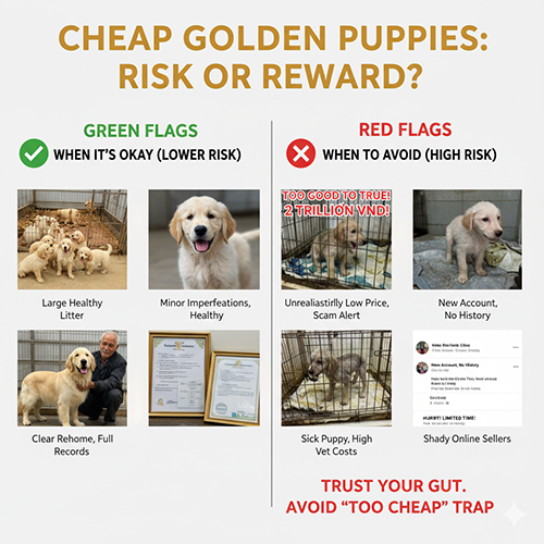 Infographic so sánh dấu hiệu an toàn và cảnh báo khi mua chó Golden con giá rẻ với cột green flags và red flags cho người mới