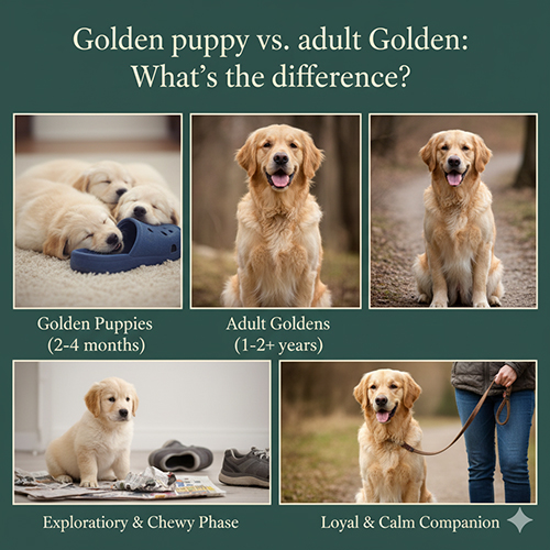So sánh chó Golden con và Golden trưởng thành về ngoại hình và tính cách qua bộ ảnh minh họa