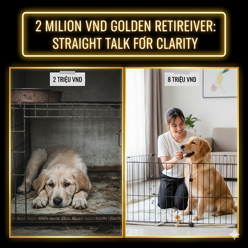So sánh chó Golden giá 2 triệu nằm trong lồng bẩn và chó Golden giá 8 triệu được chăm sóc trong nhà sạch sẽ, minh họa sự thật phía sau tin rao “Golden giá rẻ”.