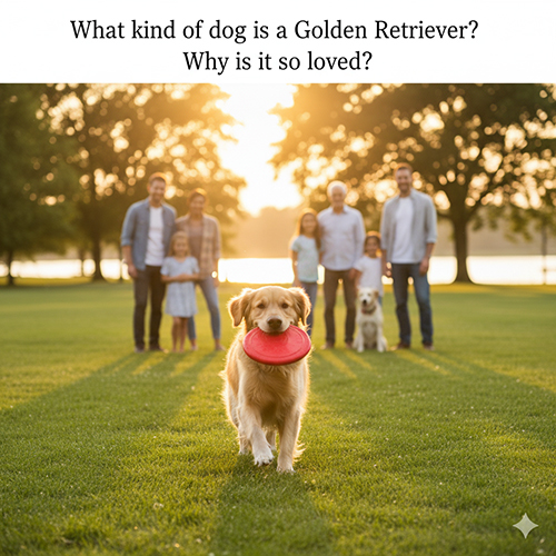 Chó Golden Retriever chạy trên bãi cỏ, ngậm đĩa bay, phía sau là gia đình đứng nhìn vui vẻ