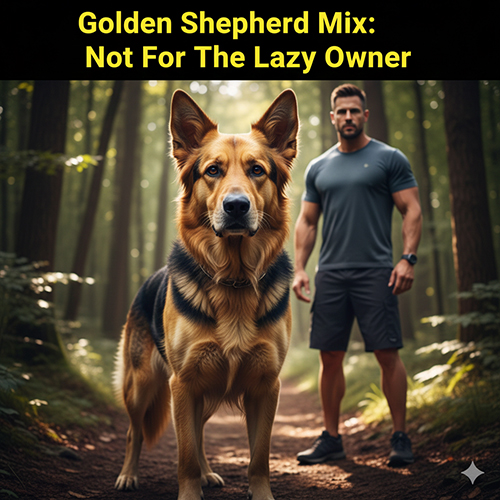 Chó Golden lai Becgie đứng trên lối mòn trong rừng cạnh người chủ đang tập thể thao, minh họa dòng chó lai thông minh có tố chất bảo vệ