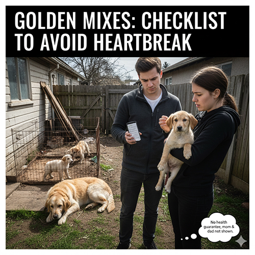 Cảnh đôi vợ chồng xem đàn chó Golden lai trong sân sau, không đảm bảo sức khỏe – minh họa rủi ro khi mua Golden mix giá rẻ, không giấy tờ