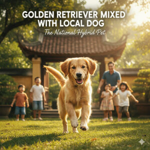 Chó Golden lai chó cỏ chạy tung tăng trong sân vườn cùng trẻ nhỏ