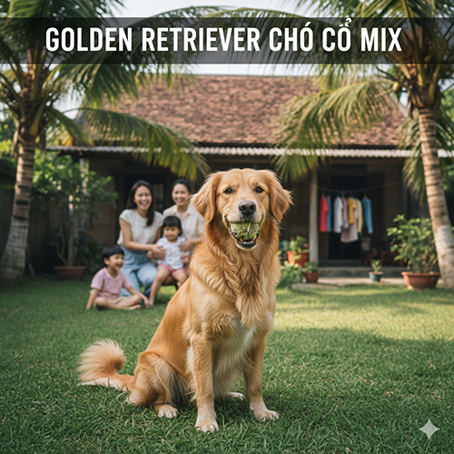 Chó Golden lai chó cỏ đứng giữa sân vườn, phía sau là gia đình đang ngồi chơi – ảnh minh họa đúng hoàn cảnh nuôi phổ biến của Golden mix chó ta tại Việt Nam