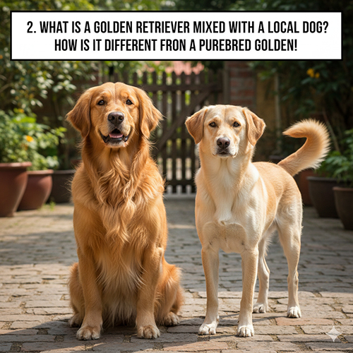 Chó Golden thuần và chó Golden lai chó cỏ đứng cạnh nhau để so sánh ngoại hình