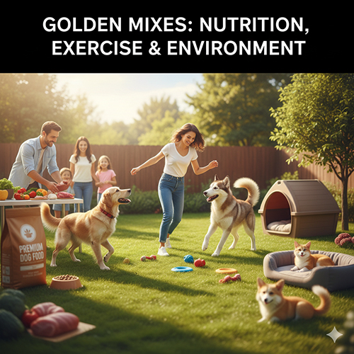 Gia đình chơi đùa với nhiều bé Golden mix trong sân vườn – minh họa nhu cầu dinh dưỡng, vận động và môi trường sống của Golden lai