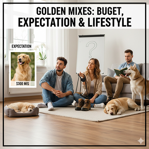 Gia đình ngồi trong phòng khách cùng nhiều bé chó Golden mix – minh họa bài toán ngân sách, kỳ vọng và lối sống khi quyết định có nên nuôi Golden lai