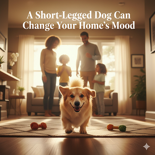 Chó Golden lai Corgi chân ngắn chạy trong phòng khách, phía sau là gia đình đang mỉm cười, minh họa việc một em chó nhỏ có thể đổi mood cả nhà