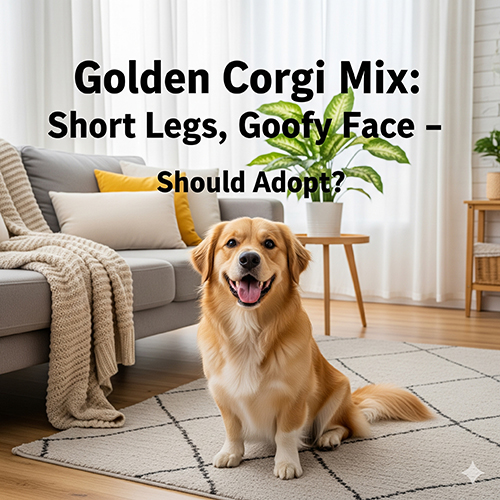 Chó Golden lai Corgi chân ngắn mặt “gâu đần” ngồi trong phòng khách, ảnh đại diện bài viết tư vấn có nên nuôi golden lai corgi